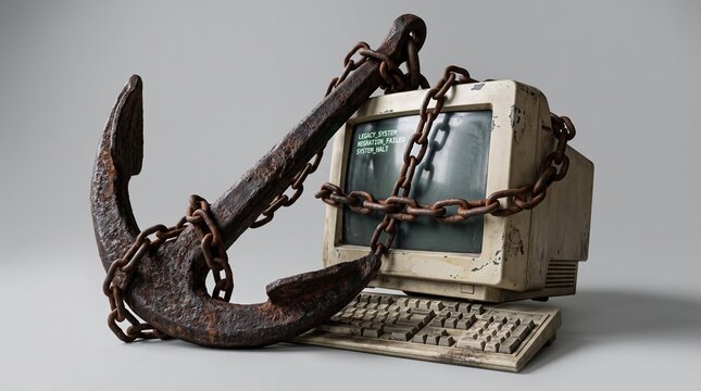 rusted chains anchor old computer