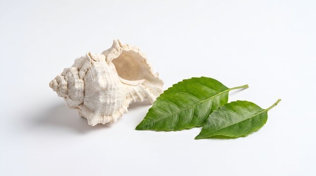 White conch shell and fresh basil leaves on clean studio background with neutral lighting