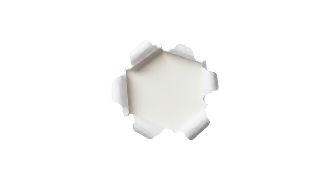White torn paper hole with jagged edges, circular ripped sheet opening with curled texture, blank center space for creative content, isolated on transparent background