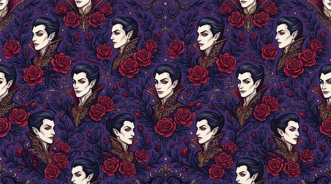 Vampire and Red Roses Seamless Pattern