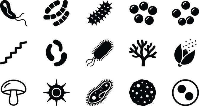 Bacteria and Virus Silhouette Icon Vector Set with Microbes Germs Fungus Mushroom and Biological Scientific Cells Elements
