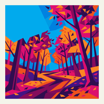 Colorful geometric autumn forest landscape with winding path and stylized trees in vibrant orange, pink and blue tones