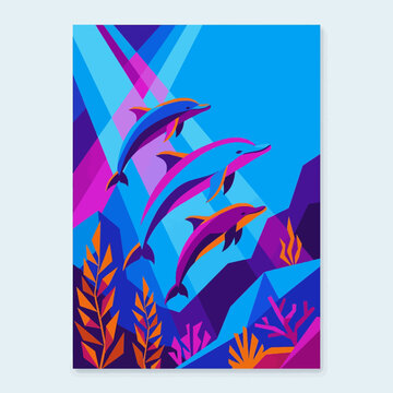 Colorful geometric illustration of dolphins leaping over coral reef with abstract ocean waves and seaweed