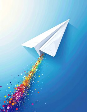Origami Paper Airplane Soaring with Colorful Confetti Trail
