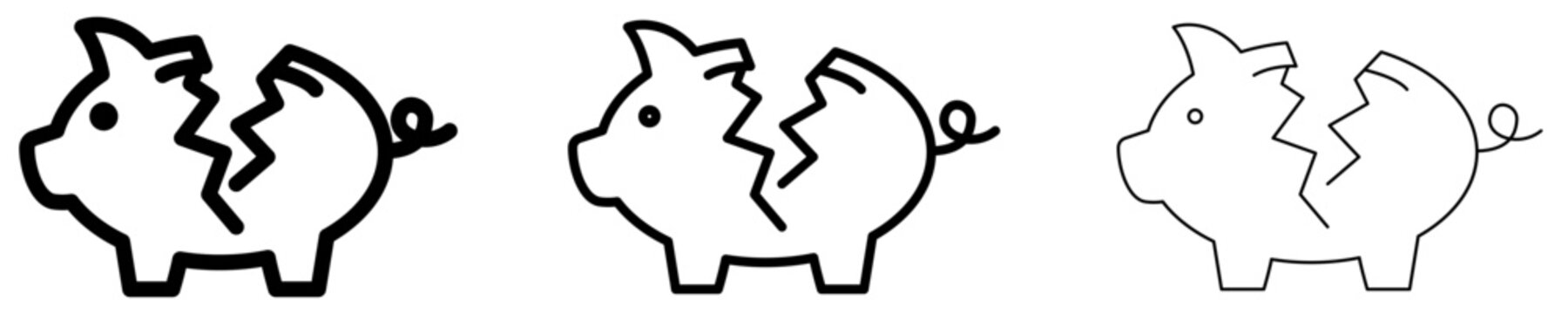 Broken piggy bank line icon for financial crisis and debt