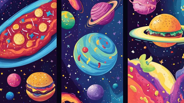 Funny bookmarks with food planets in outer space. Vector vertical banners with cartoon illustration of fantasy galaxy with spheres with pizza, burger and donut texture