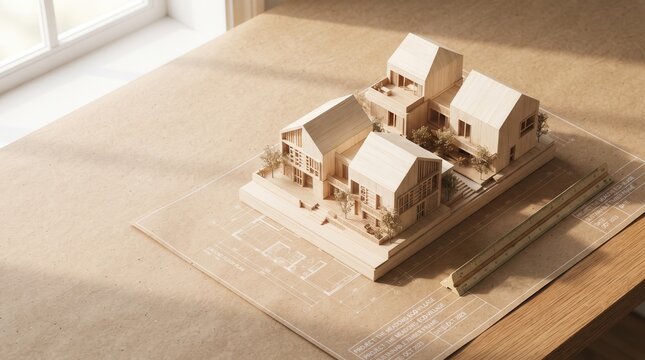 Architectural scale model of modern timber houses on floor plans and blueprints with a scale ruler, showcasing sustainable housing development and urban planning for real estate marketing.