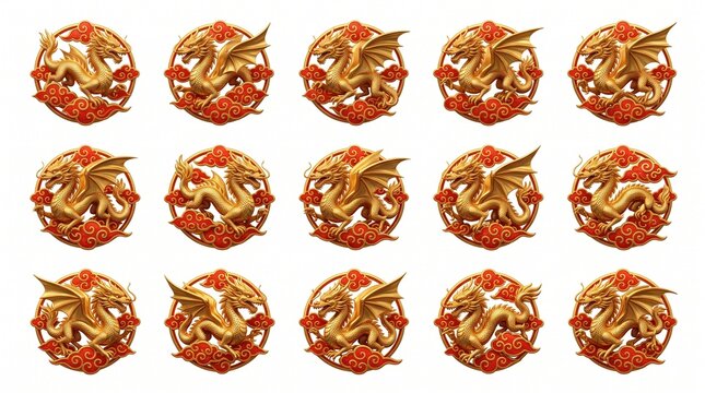 Golden dragon emblem with red floral border for branding and celebration designs