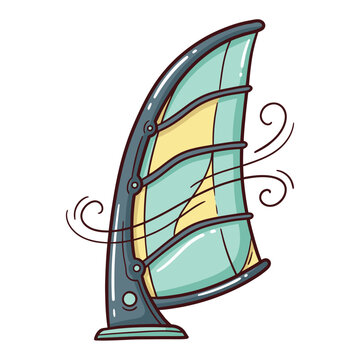 Windsurfing sail illustration with flowing wind and blue and yellow colors representing active water sports