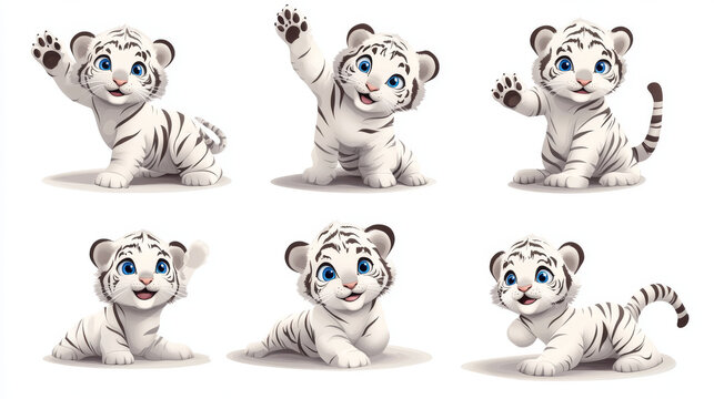 Cute white tiger baby cartoon vector character set. Small dancing, waving, lying, smile and playful wild cat with tail isolated drawing. Comic expression wild asset kit with blue eyes and black stripe