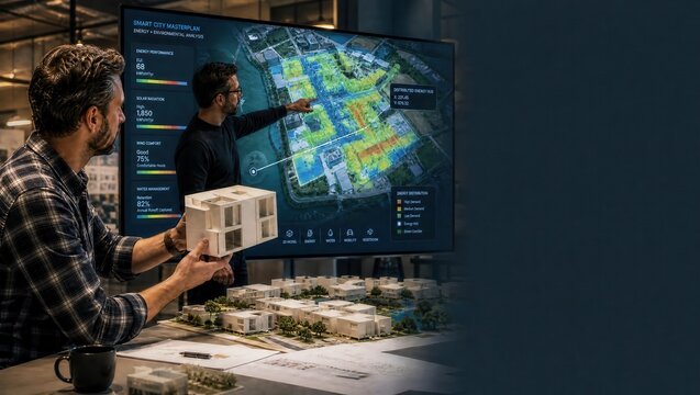 Architects analyzing smart city masterplan on digital screen featuring sustainable urban design and environmental data for real estate development and municipal engineering.