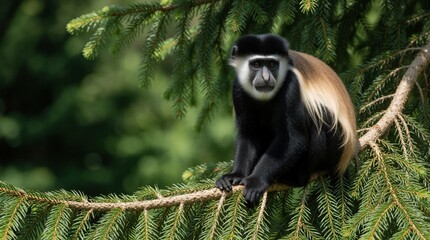 Fototapeta premium Close up portrait of black, white colobus monkey sitting on pine tree branch. Wild primate with long hair looks forward in green forest. Exotic mammal rests on coniferous wood in natural habitat