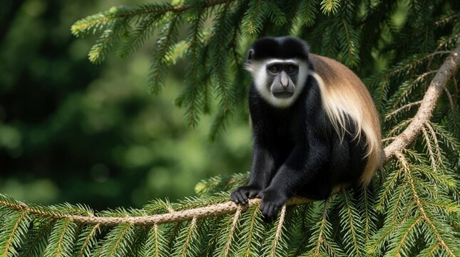 Close up portrait of black, white colobus monkey sitting on pine tree branch. Wild primate with long hair looks forward in green forest. Exotic mammal rests on coniferous wood in natural habitat