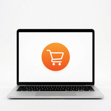 Laptop computer with orange shopping cart icon on white screen. Digital ecommerce concept shows online retail business via web store. Person buy products using notebook on internet. Electronic device