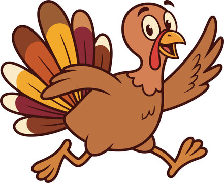 A cute cartoon turkey running happily isolated on a white background for thanksgiving holiday design projects