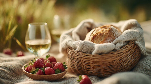 Rustic outdoor picnic setting with a wicker basket of fresh bread and ripe red strawberries