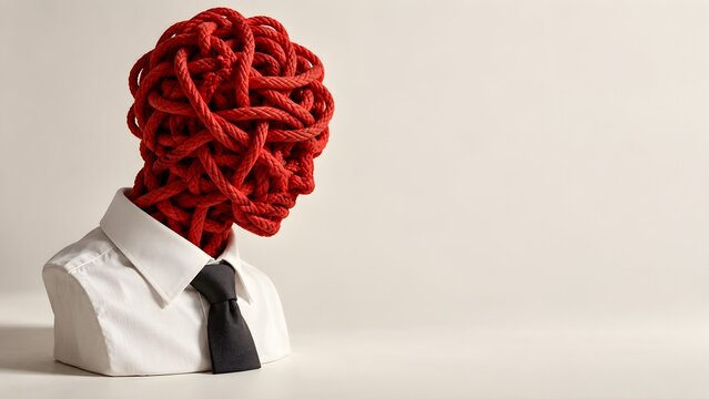 Overthinking and Mental Overload Concept with Business Person Made of Tangled Red Rope, Stress, Confusion, Anxiety and Complicated Thoughts with Copy Space