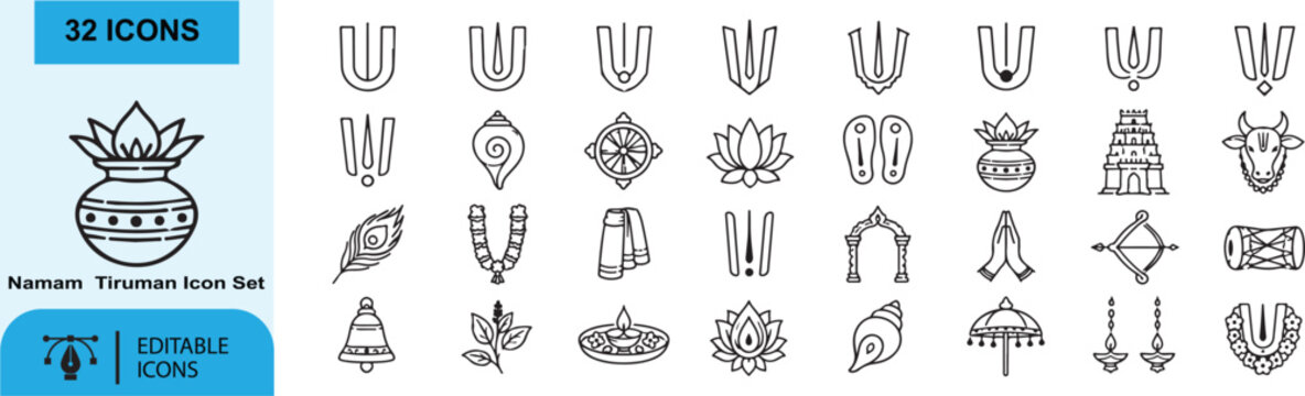 32 Namam & Tiruman Vector Outline Icons Set &ndash; Vishnu Tilak, Shankh, Chakra, Lotus, Paduka and Vaishnavism Religious Line Symbols Collection