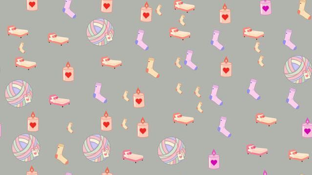 Pattern of beds, socks, yarn balls, and candles