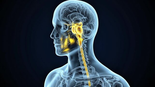 3D anatomical visualization of the human central nervous system showing the brain stem and spinal cord glowing in yellow against a transparent blue background.