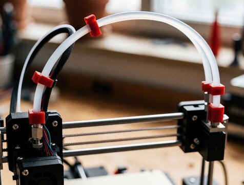 Close up of bowden extruder on 3d printer. White ptfe tube with red clips guides plastic filament through machine. Fdm additive manufacturing setup in maker workshop for prototyping new tech designs,