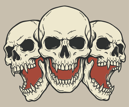 Three screaming skulls with vampire fangs in vintage hand drawn illustration style