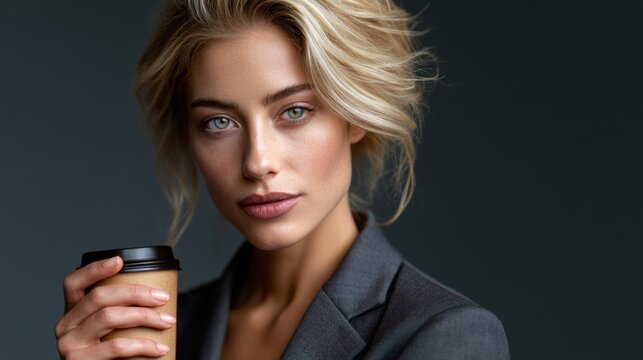 Stylish Blonde Woman Working in a Grey Blazer