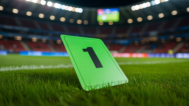 Football stadium with green number one sign on grass field during a professional sports event