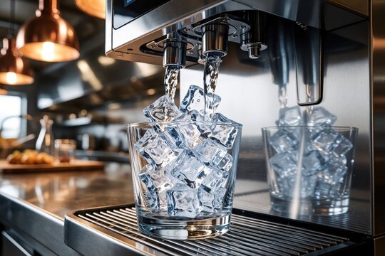 Clear ice cubes fall from metal dispenser into glass. Automatic ice maker pours frozen water cubes in commercial kitchen. Cold refreshment preparation in restaurant bar. Close up of machine