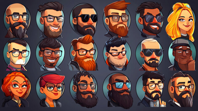 Contemporary avatars with funny characters faces in round frames. Vector set of male and female portraits, people with different hairstyles, glasses and beard in trendy art style