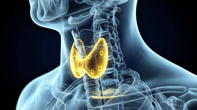 Medical 3D illustration of the human thyroid gland highlighted in yellow on a transparent x-ray body background