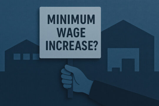 Minimum wage increase question sign held by hand against warehouse silhouette backdrop navy blue color scheme labor rights concept