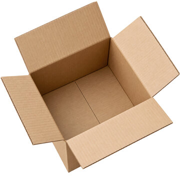  sturdy, open, empty cardboard box with four flaps, made of brown corrugated material, ready for packing or storage.