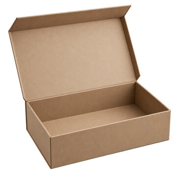 An open rectangular cardboard box with a hinged lid, showing its spacious interior and simple brown construction.