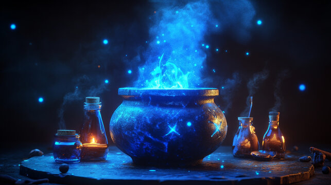 3d magic icon for halloween with witch cauldron and cute potion flask for game. Wizard pot for magician spell. Spooky ancient fantasy objects for party decoration. Boiling sorcerer caldron item