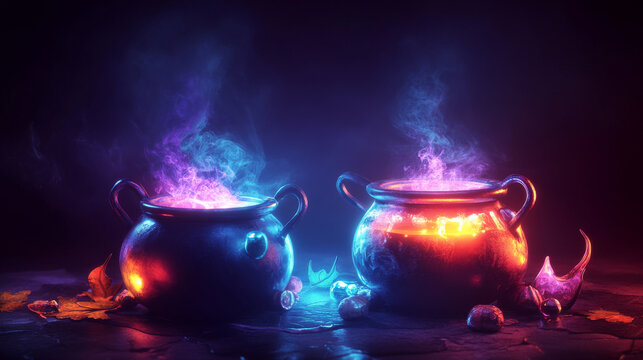 3d magic icon for halloween with witch cauldron and cute potion flask for game. Wizard pot for magician spell. Spooky ancient fantasy objects for party decoration. Boiling sorcerer caldron item