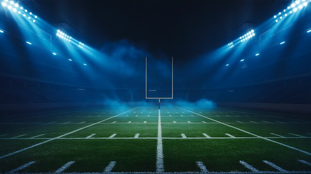Empty football stadium field illuminated by bright floodlights at night