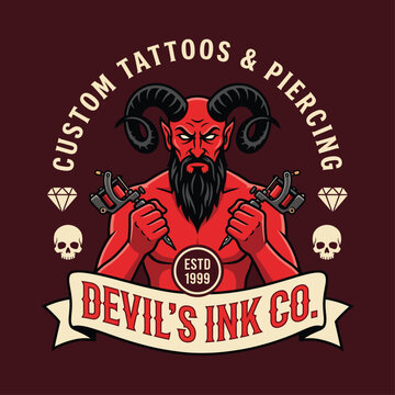 An edgy logo for a tattoo and piercing shop, characterized by a fierce devil figure adorned with tattoos, symbolizing strength, rebellion, and the art of body modification.