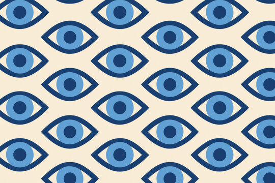 Seamless pattern of stylized blue eye on neutral background, flat geometric design, Mediterranean evil eye amulet concept, repeating motif