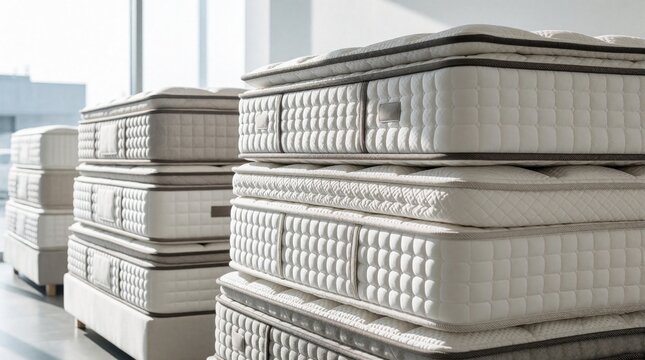Close up of luxury mattresses stacked in modern retail store. Rows of thick white bedding display soft texture, comfortable design. High quality sleep products arranged for sale in bright showroom