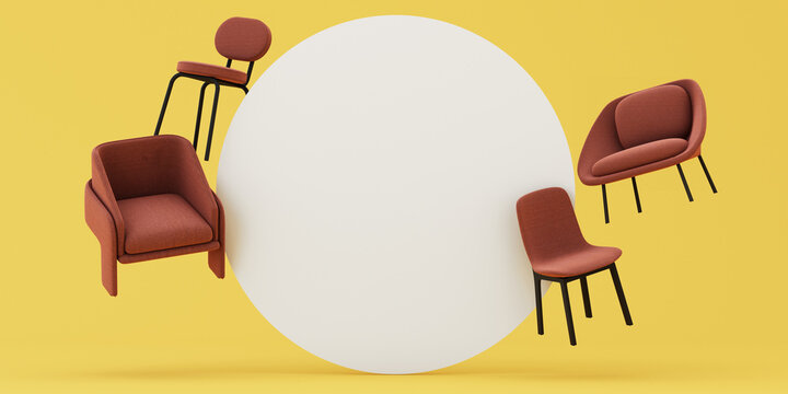 3D render of modern orange chairs arranged around a large blank white circular backdrop on a bright yellow background with copy space for advertising.