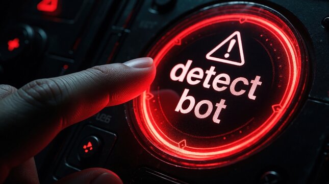 Close up of human finger touching glowing red button on digital control panel. Screen displays detect bot warning message. Cyber security interface shows alert sign for automated system moderation,