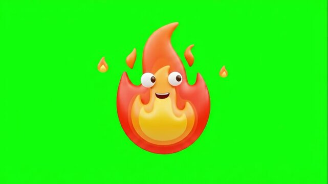 Fire flame emoji character with eyes on a green screen. Suitable for social media, energy promos, weather videos, and chroma keying.