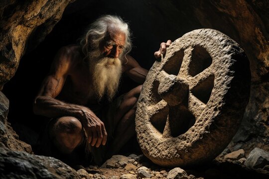Old primitive man with long white beard sits in dark cave. Caveman works on large stone wheel. Ancient ancestor creates first tool for human progress. Prehistoric male explores new tech invention