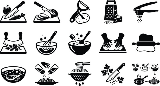 Set of black and white cooking and food preparation icons isolated on a white background