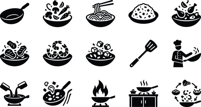 Set of black and white cooking and food preparation icons for restaurant and culinary website design