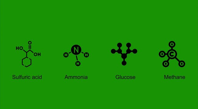 Chemical molecular structures set: sulfuric acid, ammonia, glucose, methane formulas