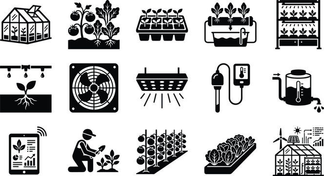 Set of black and white hydroponics and smart farming icons depicting modern agriculture technology