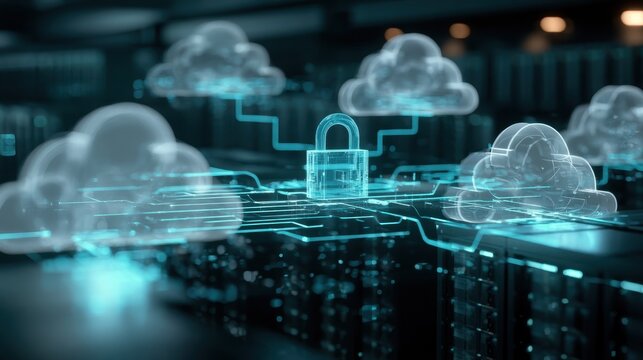 Cloud computing security and data protection concept with glowing neon padlocks and digital cloud network in a server room
