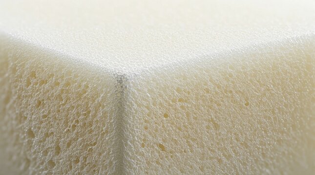 Close up view of high density foam material cross section. Macro shot shows porous texture, cellular structure of yellow sponge. Pro workshop study of soft polyurethane foam layers for industrial